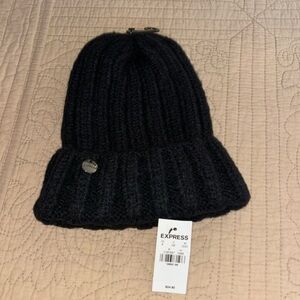 Black beanie with ribbed detail and express silver tag logo